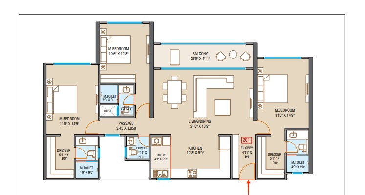 3 BHK + Study Floor Plan – Lodha Sadahalli