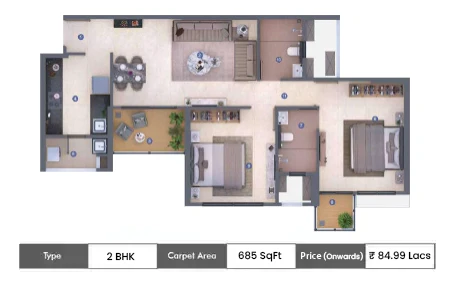 2 BHK 685 sqft